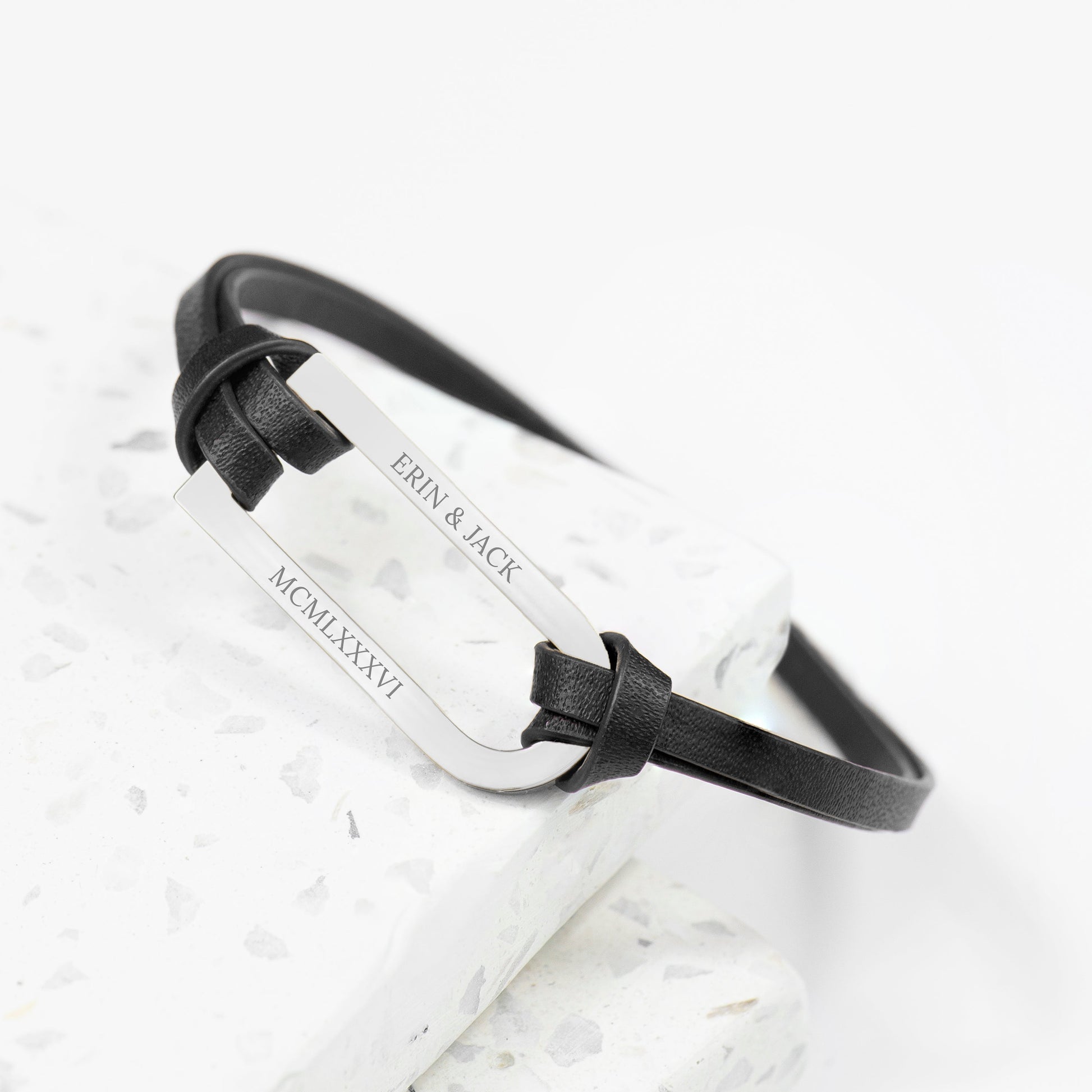 Personalized Men's Shoreditch Silver Bar Black Leather Bracelet - Lovesakes