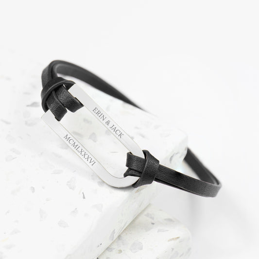 Engraved Men's Shoreditch Silver Bar Black Leather Bracelet