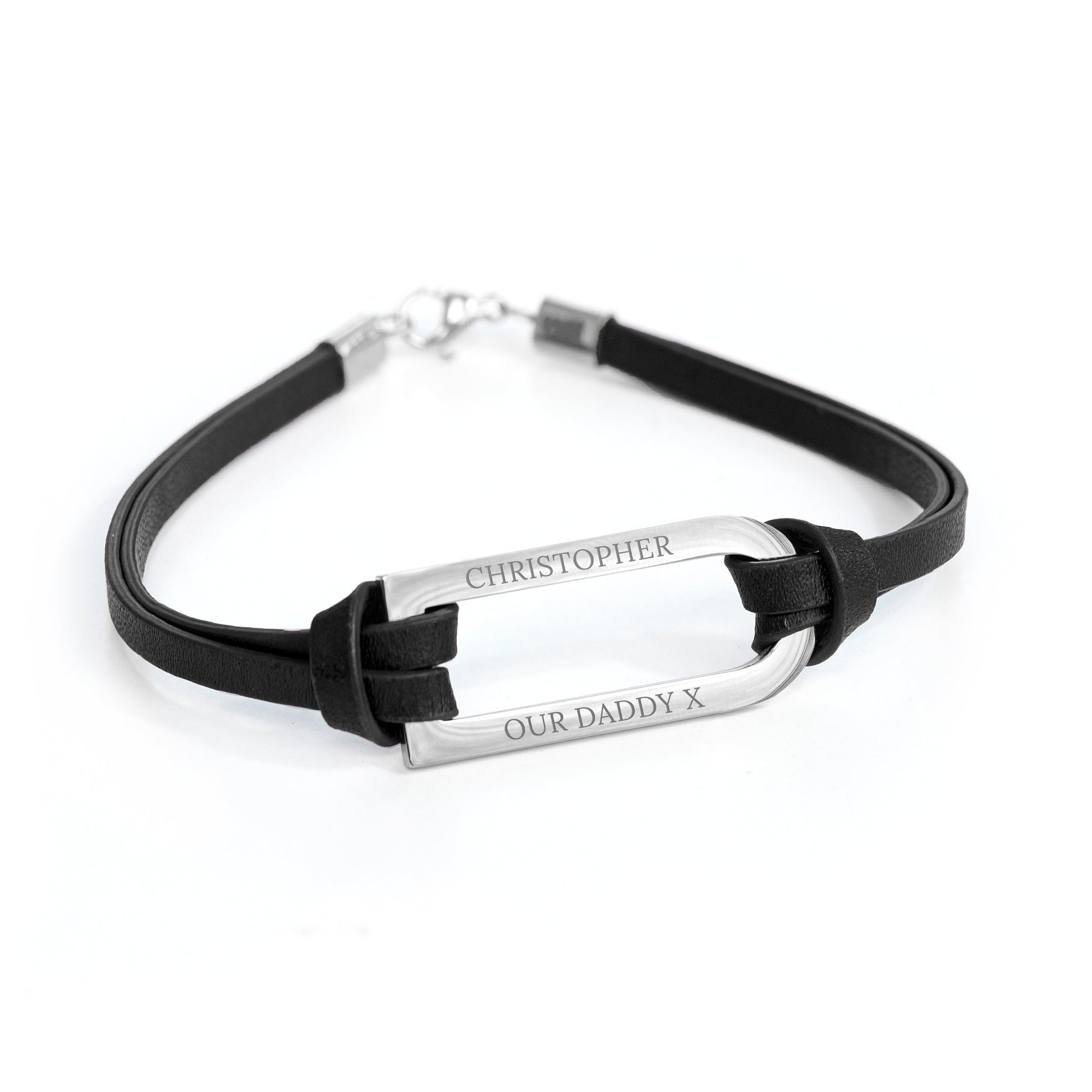 Personalized Men's Shoreditch Silver Bar Black Leather Bracelet - Lovesakes