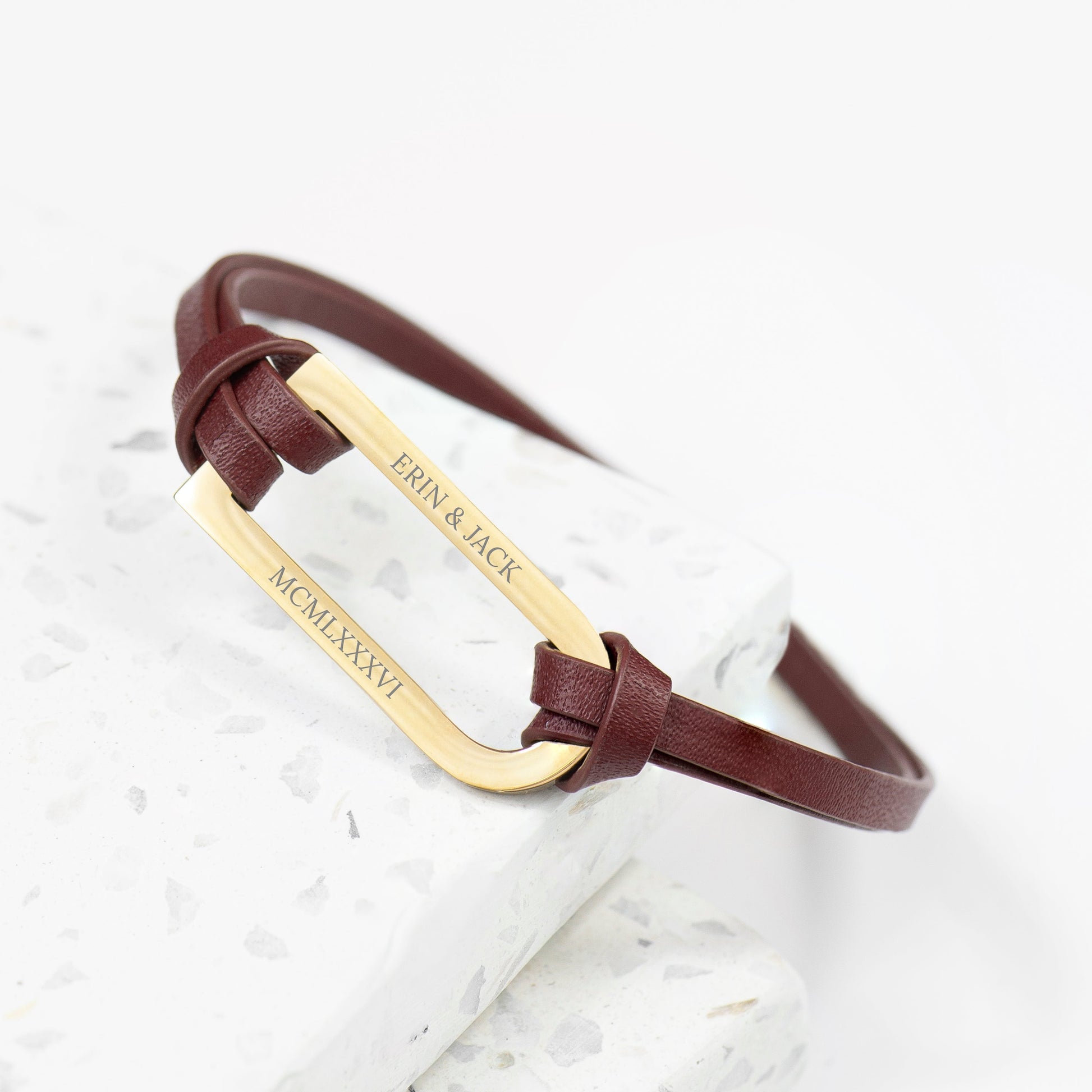 Personalized Men's Shoreditch Gold Bar Brown Leather Bracelet - Lovesakes