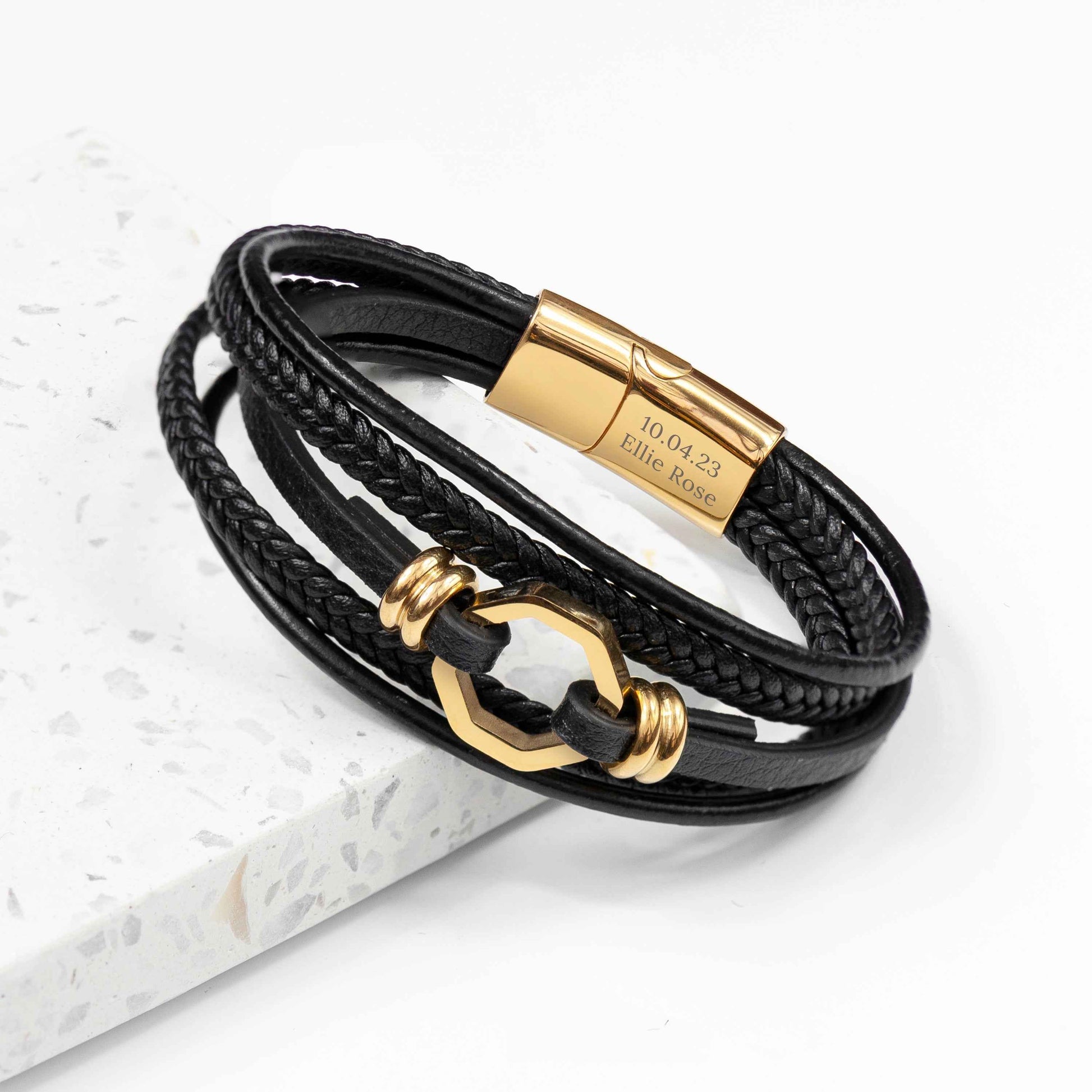 Engraved Men's Mayfair Leather Bracelet in Gold