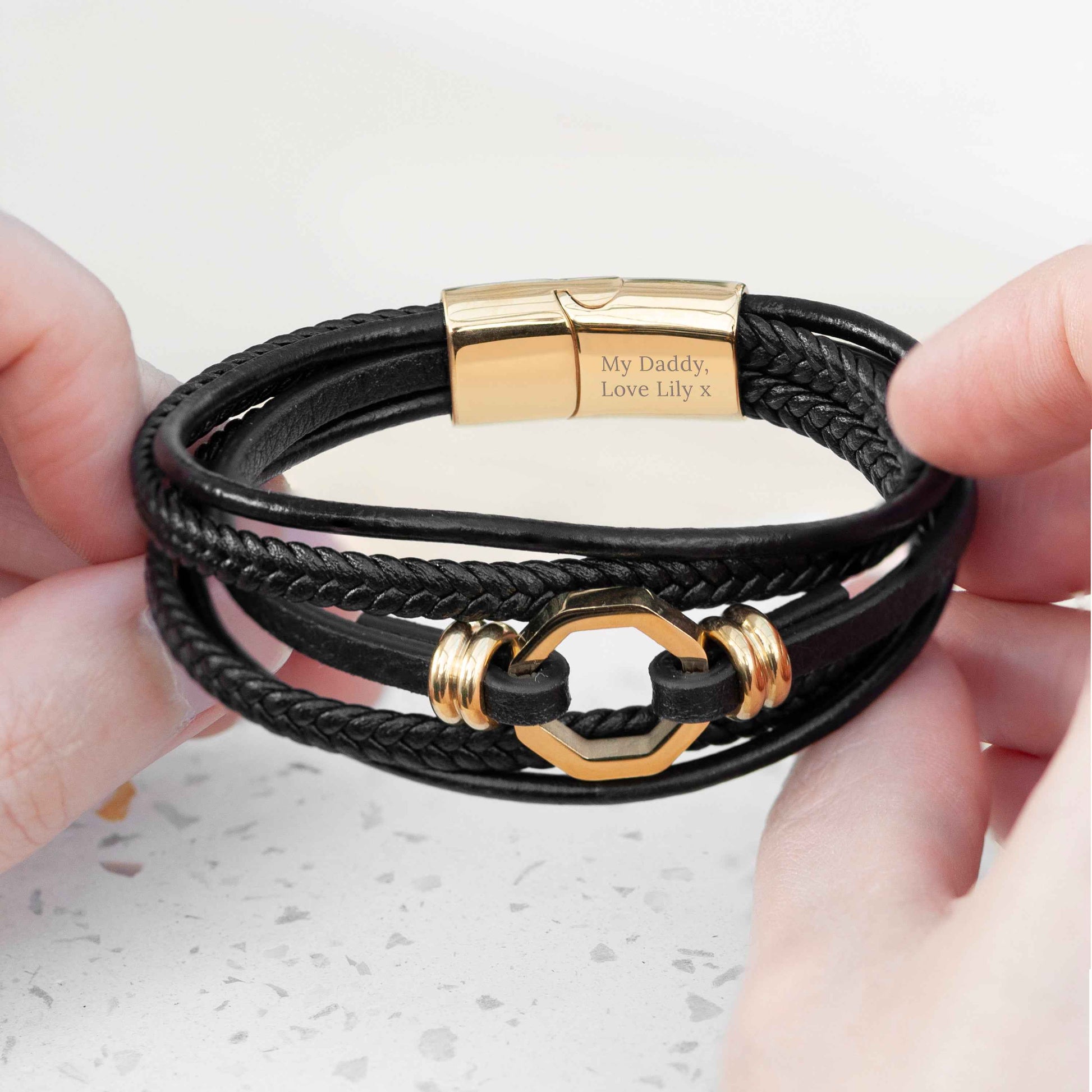 Engraved Men's Mayfair Leather Bracelet in Gold