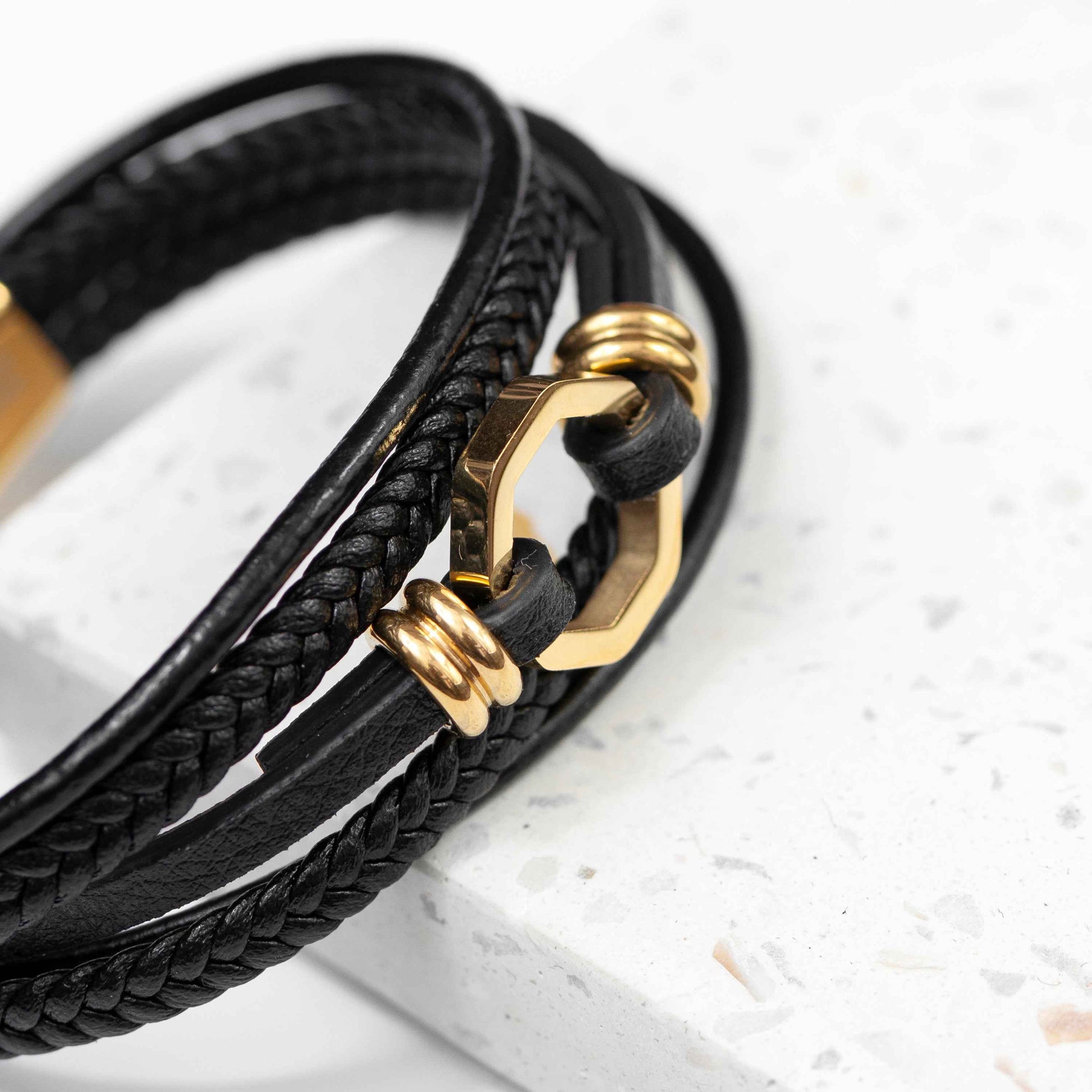 Engraved Men's Mayfair Leather Bracelet in Gold