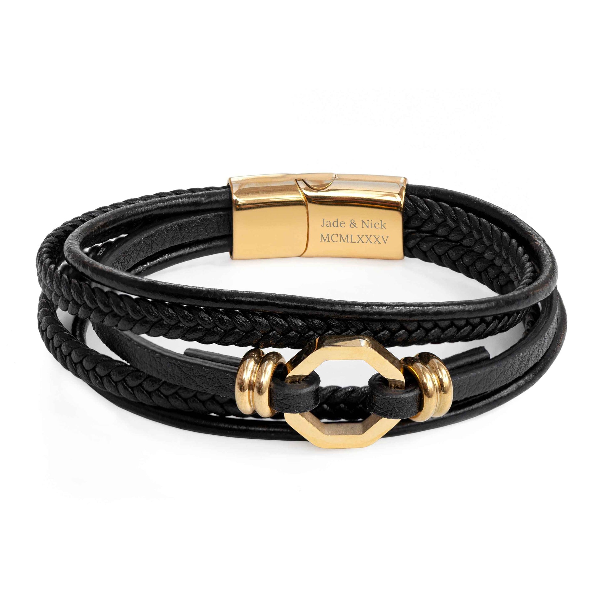 Engraved Men's Mayfair Leather Bracelet in Gold