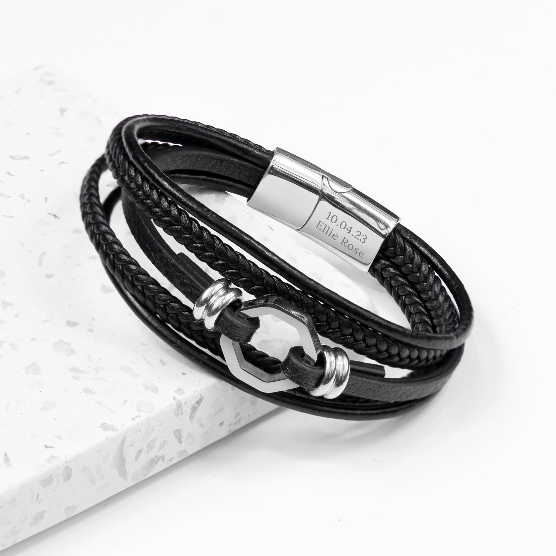 Personalized Men's Mayfair Leather Bracelet in Silver - Lovesakes