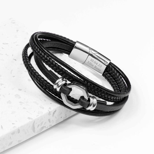 Engraved Men's Mayfair Leather Bracelet in Silver
