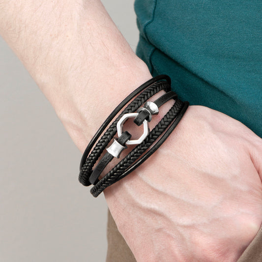 Engraved Men's Mayfair Leather Bracelet in Silver