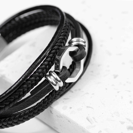 Engraved Men's Mayfair Leather Bracelet in Silver