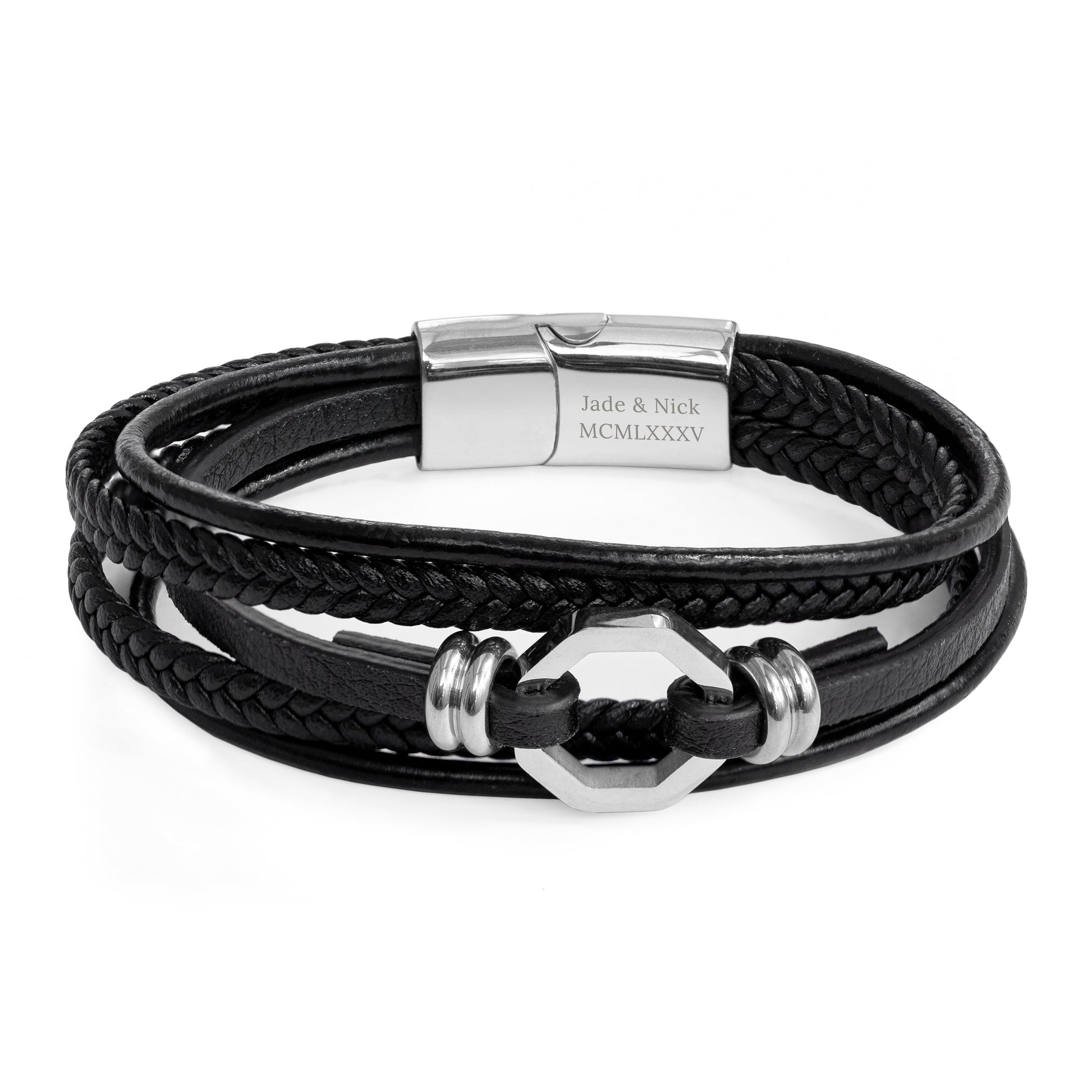 Personalized Men's Mayfair Leather Bracelet in Silver - Lovesakes