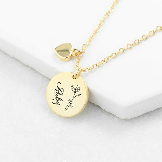 Engraved Birth Flower Brushed Heart and Disc Necklace