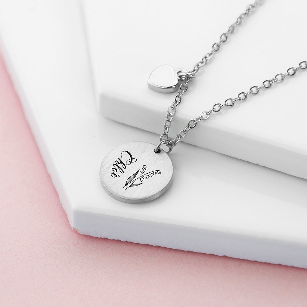 Personalized Birth Flower Brushed Heart and Disc Necklace - Lovesakes