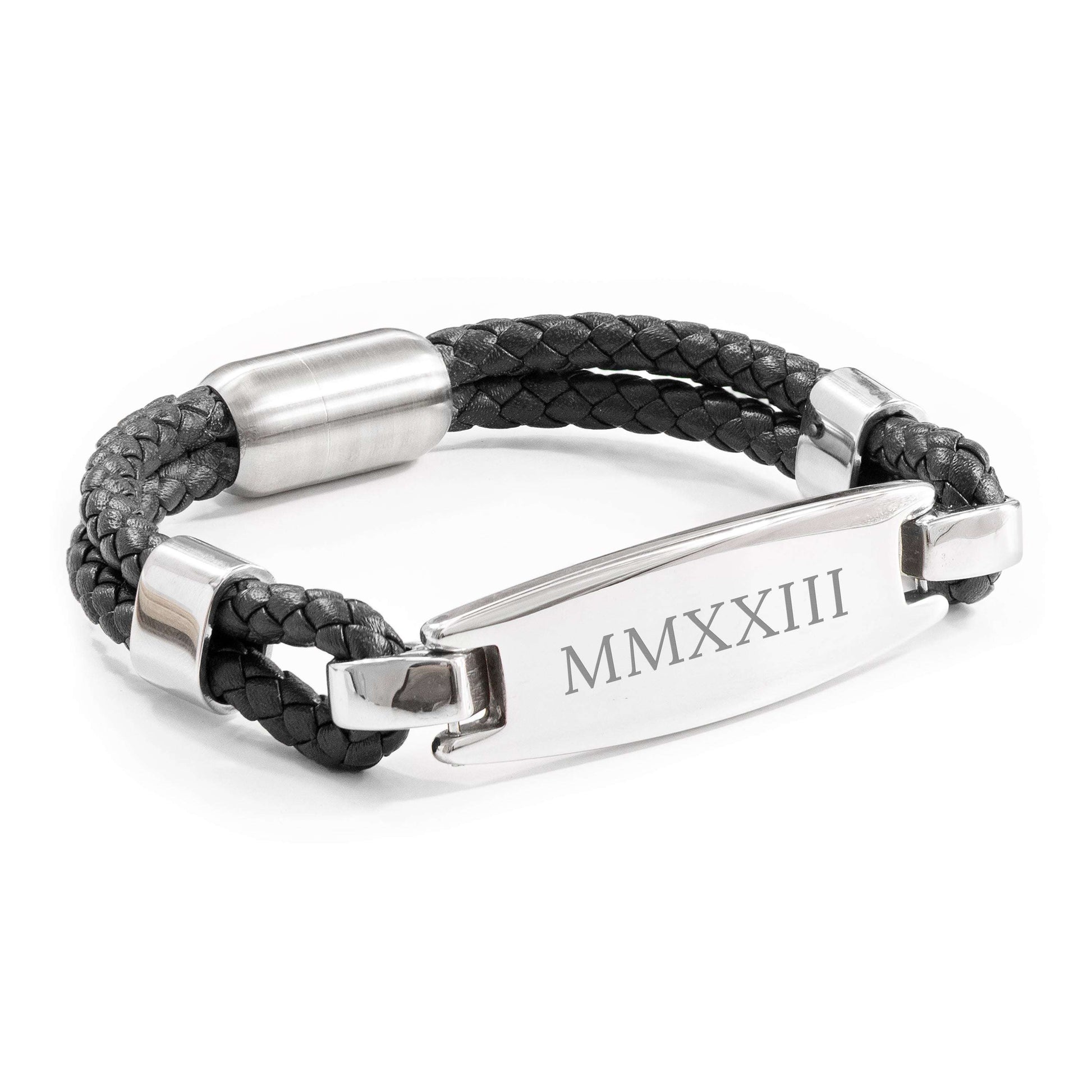 Black braided leather bracelet with silver clasp and engraved roman-numerals-personalized 