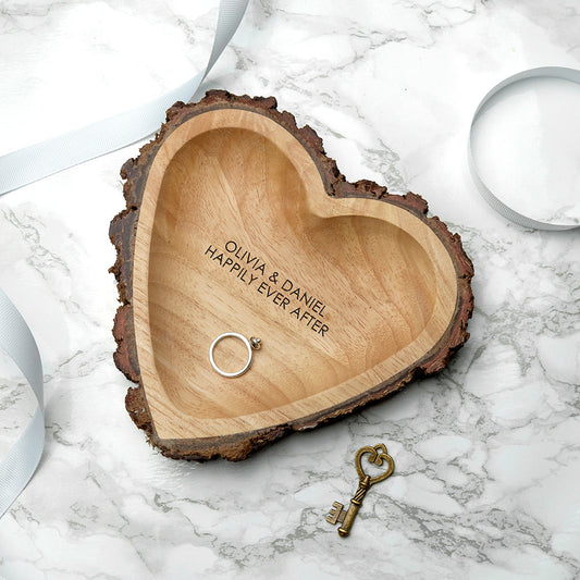 Engraved Rustic Carved Wooden Heart Trinket Dish