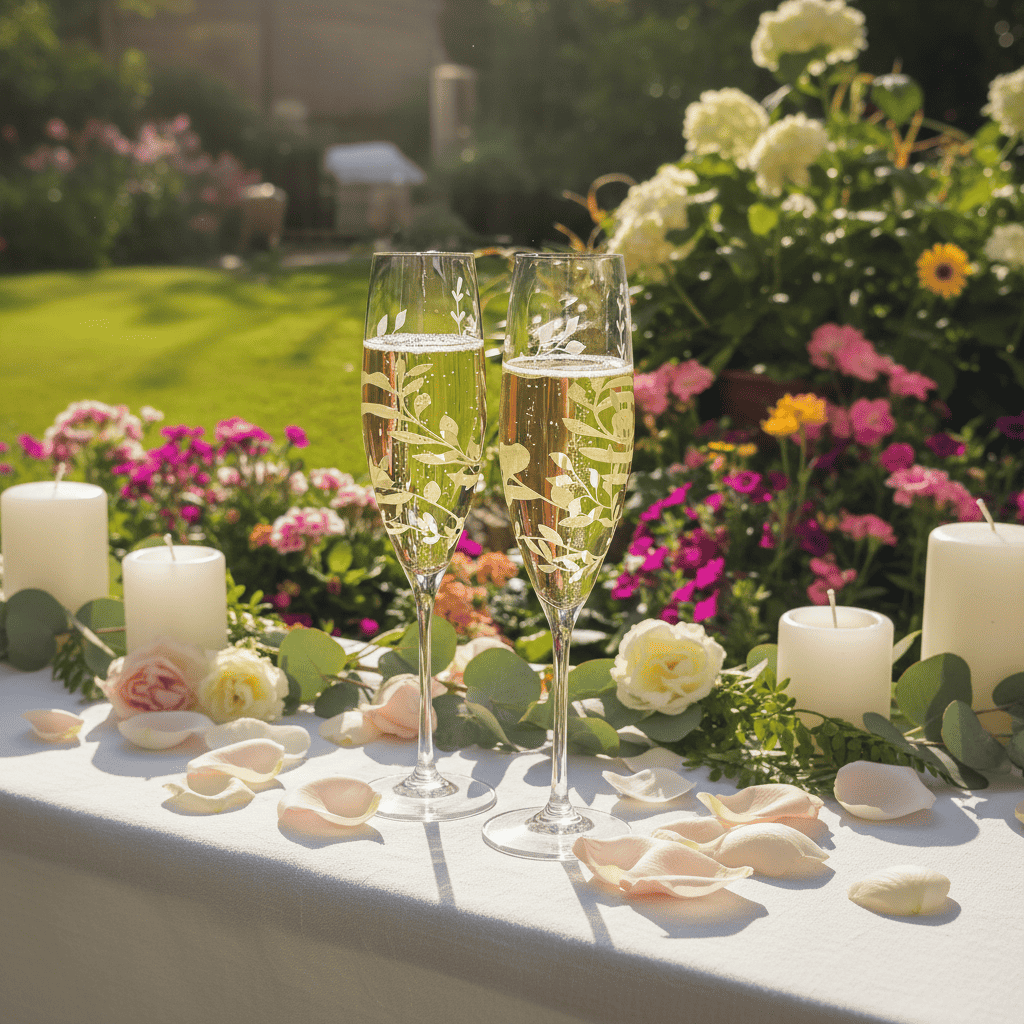 Two etched champagne flutes with a floral design filled with champagne against a garden background.