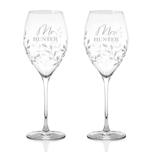Personalized Floral Crystal Wine Glasses - Set of Two