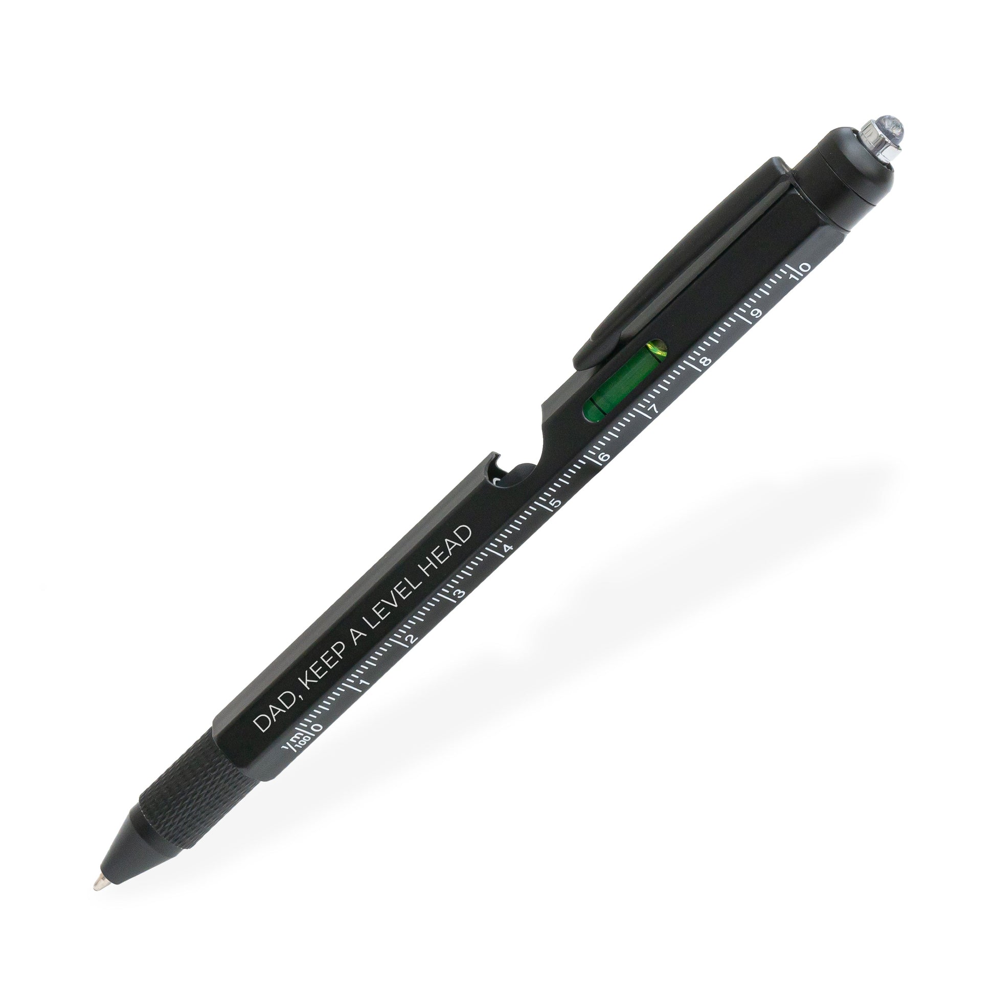 A black ballpoint pen with a built-in carpenter's square and level on the barrel, featuring white text that reads 'DAD, KEEP A LEVEL HEAD' and measurement markings, shown on a white background.