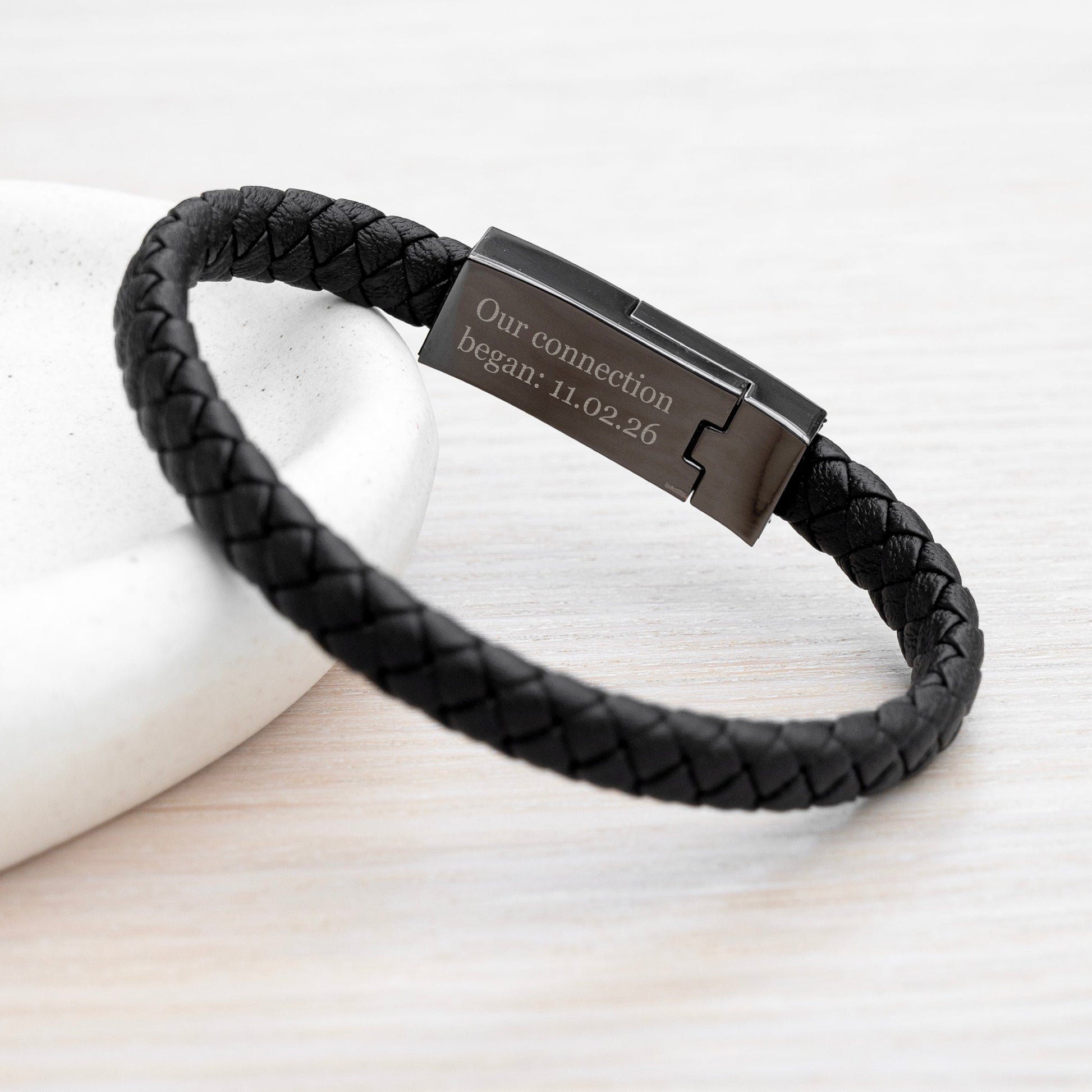Black-Personalized Men's Leather USB Charger Bracelet