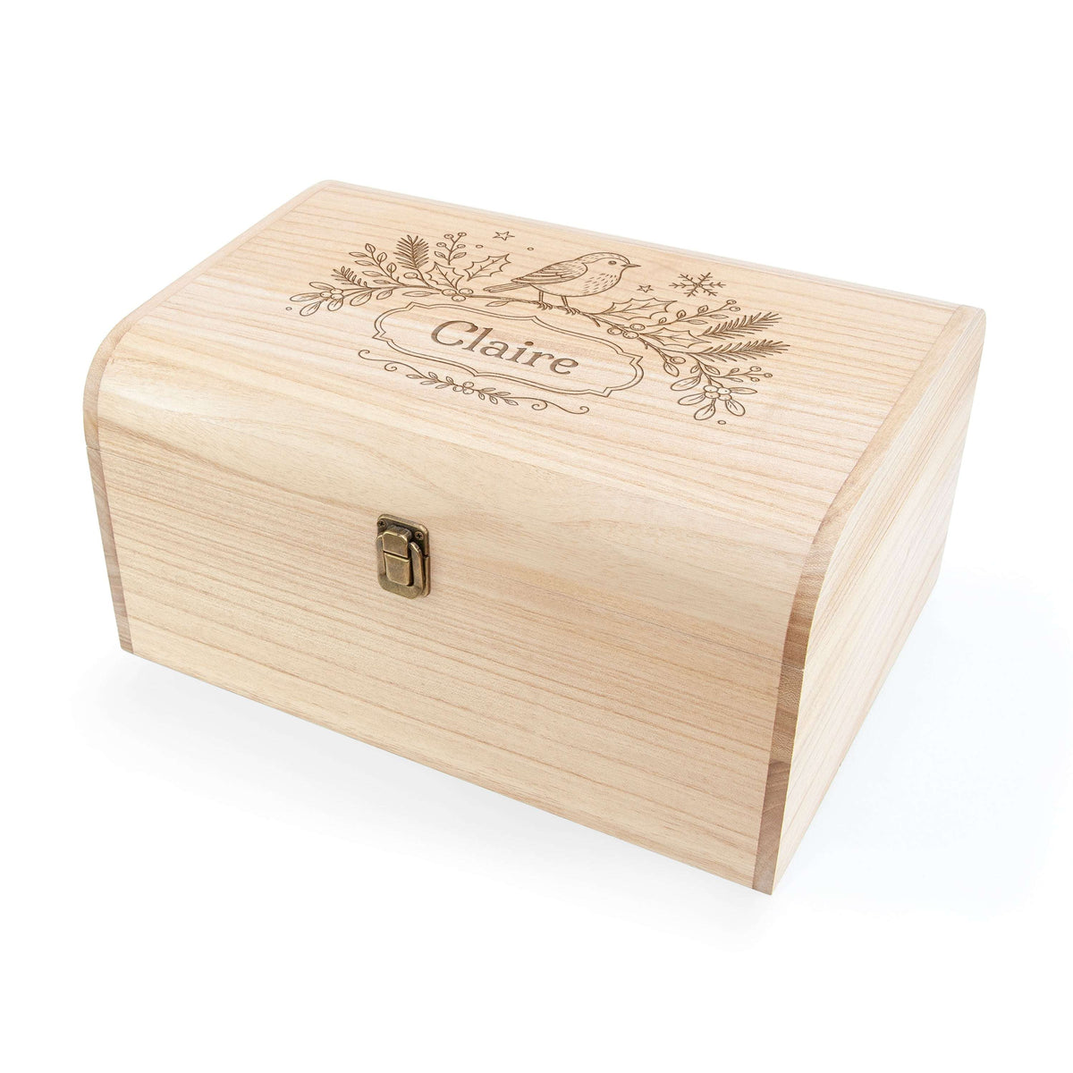 A personalized natural wood keepsake box with a hinged lid, engraved with a bird, floral details, and the name 'Claire', featuring a small brass latch on the front, set against a plain white background.