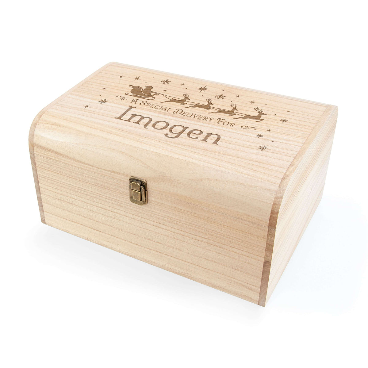 A personalized natural wood gift box with a curved lid, featuring an custom-engraved Christmas scene with Santa Claus, reindeer, and the engraved text 'A Special Delivery For Imogen'. The box has a small brass latch on the front and is photographed on a clean white background.