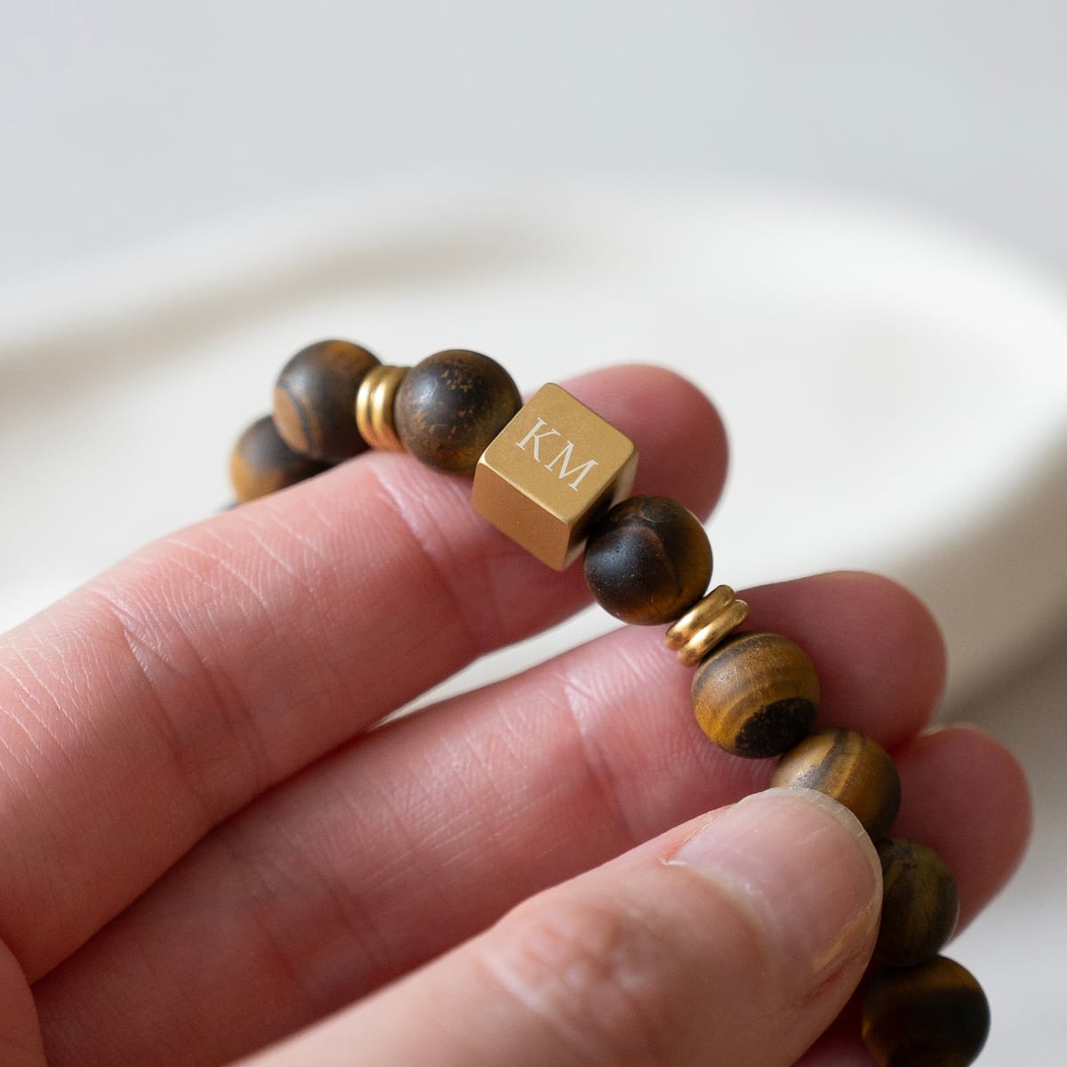 Tiger's Eye Bracelet with Engraved Gold Initial Bead