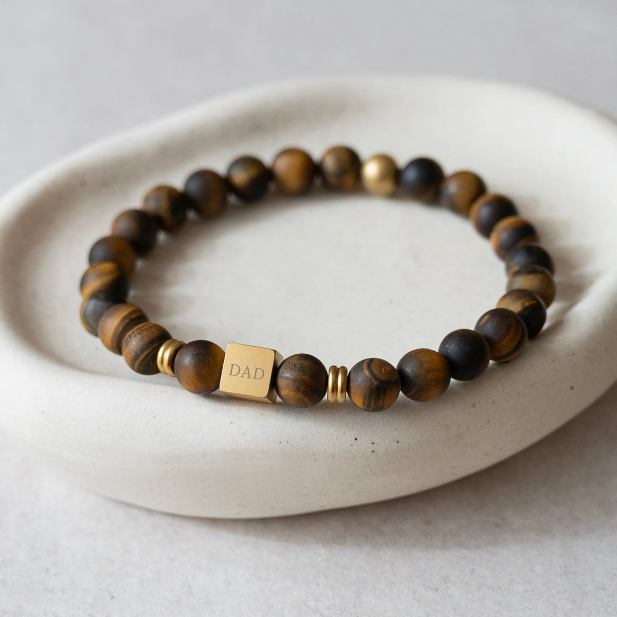 Natural Tiger's Eye Bracelet with Engraved Gold Charm