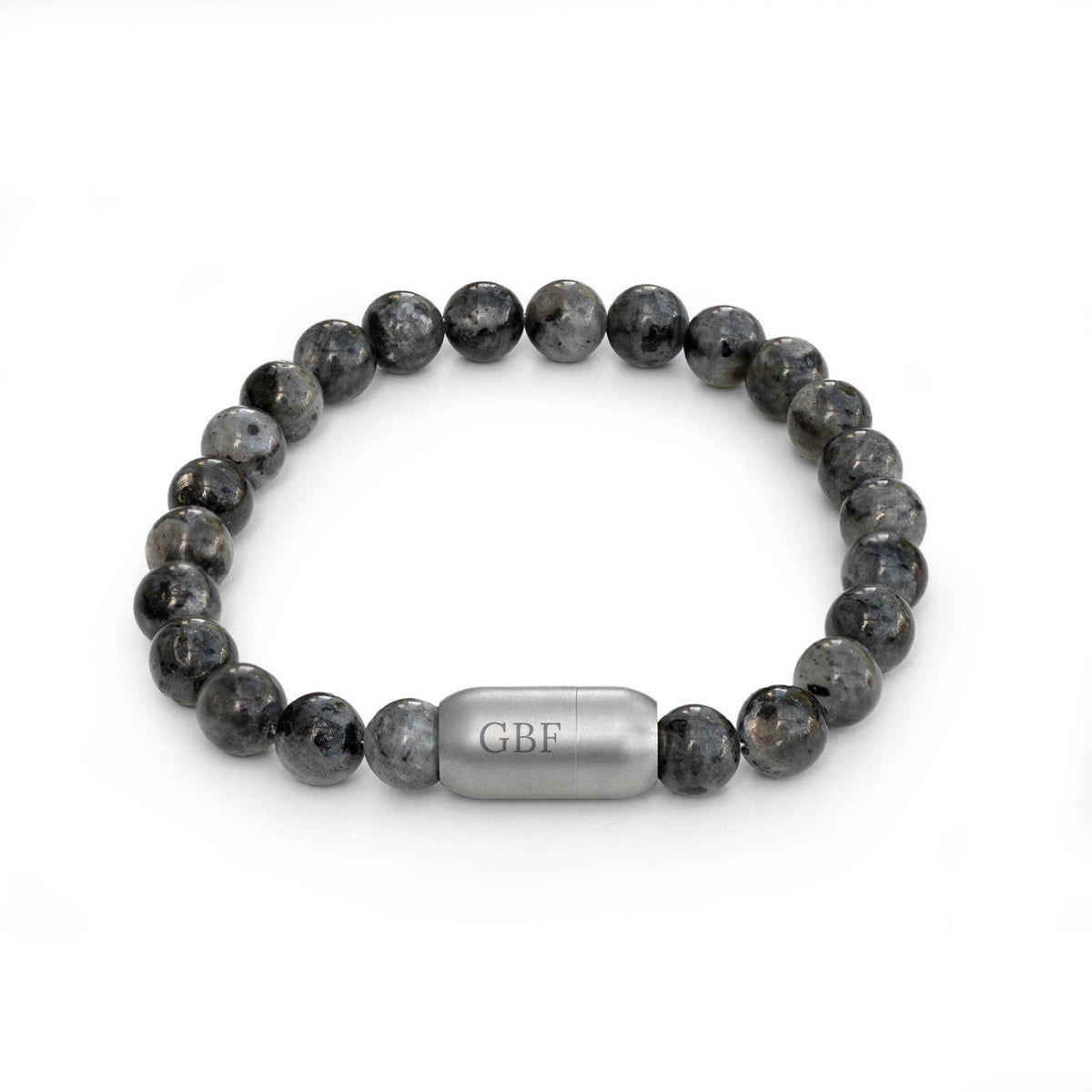 Men’s Personalized Labradorite Gemstone Bracelet engraved with the initials 'GBF', shown on a plain white background.