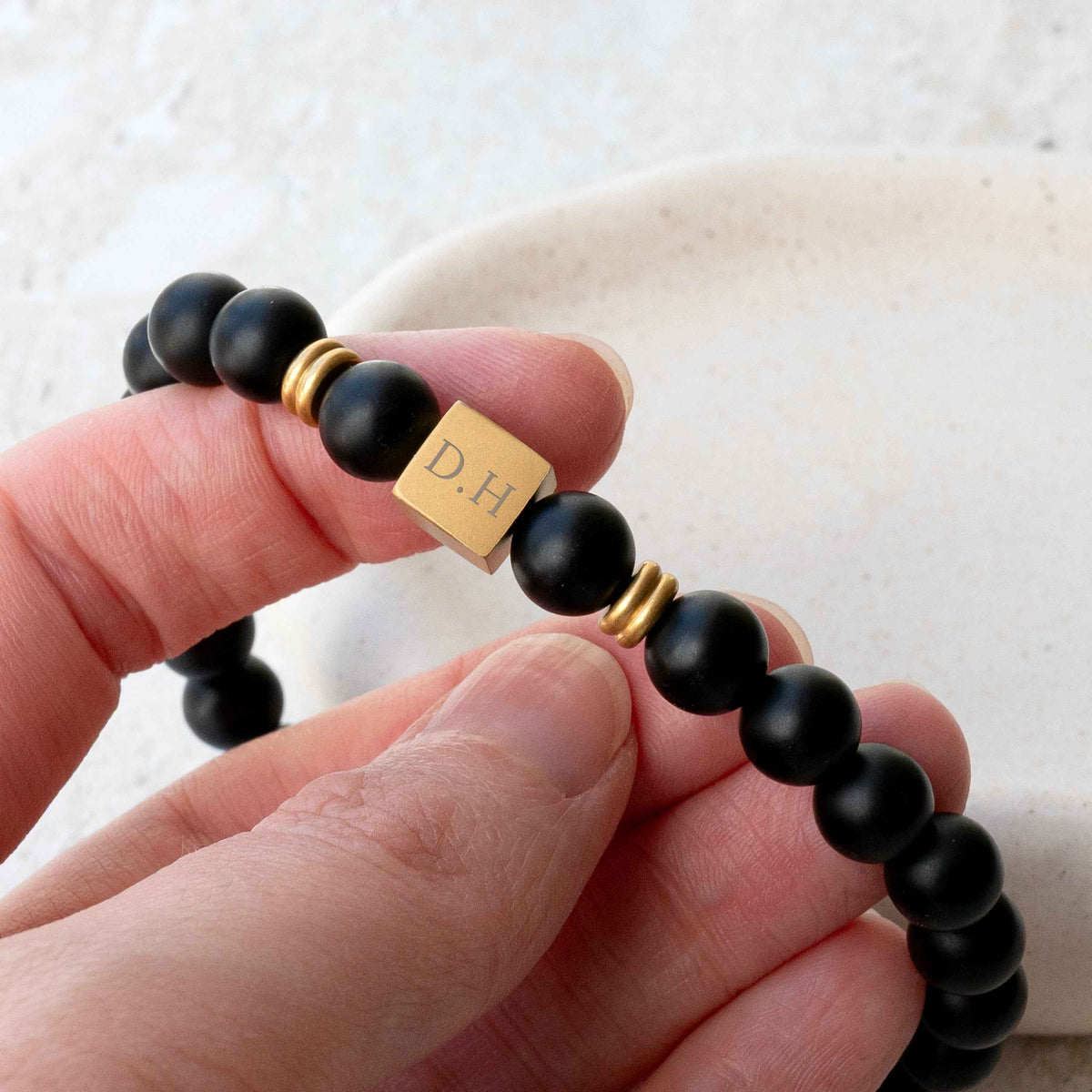 Personalized Onyx Bead Bracelet with Engraved Gold Cube-with small gold spacer beads and a square gold initial charm engraved with initials