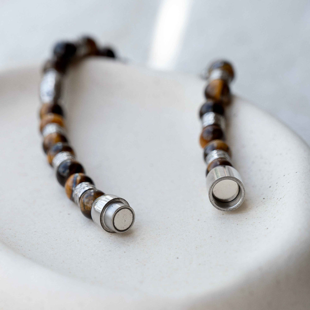 Personalized Gemstone Bead Bracelet with brown and black tiger's eye beads and silver spacer beads