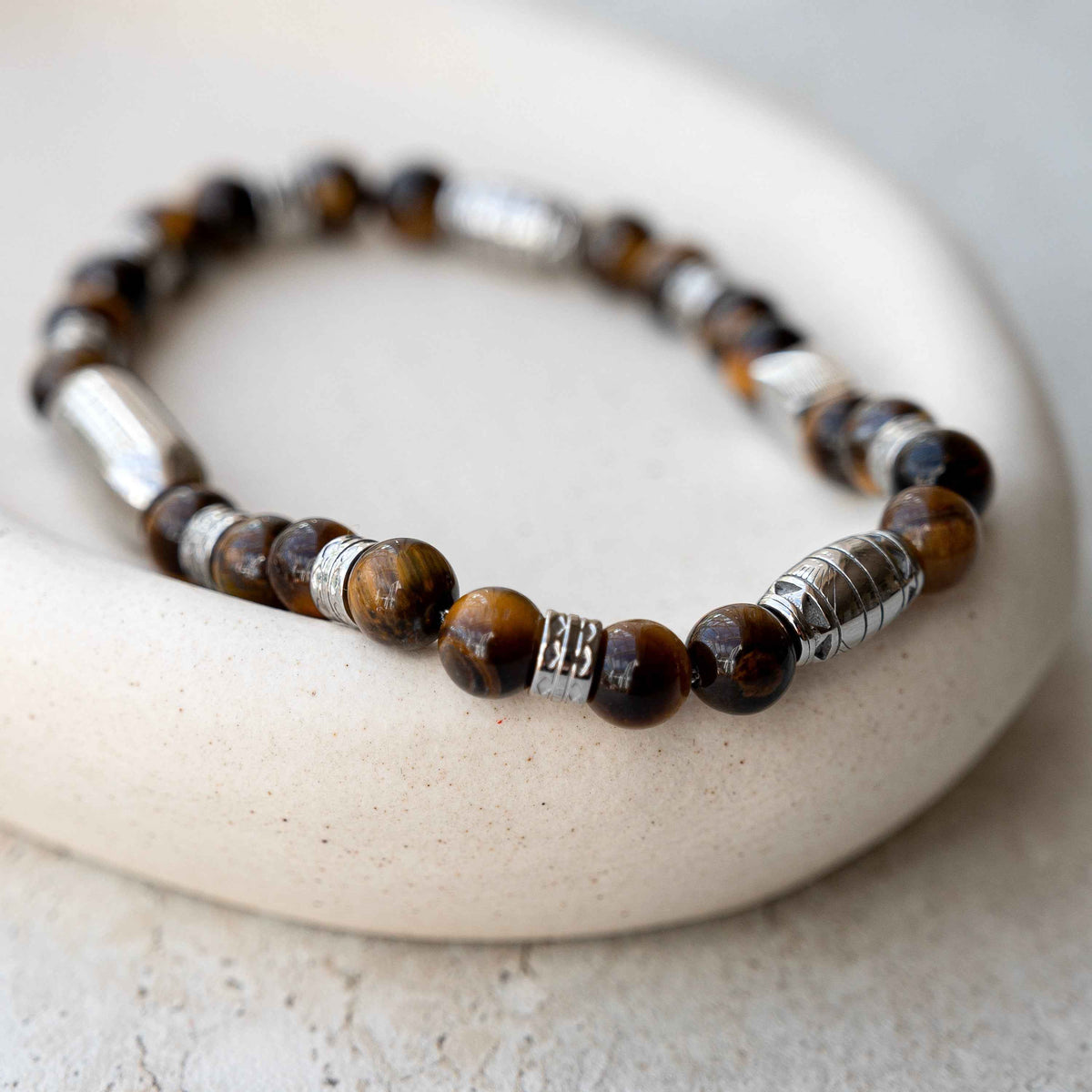 Personalized Gemstone Bead Bracelet with brown tiger's eye beads and silver spacer beads