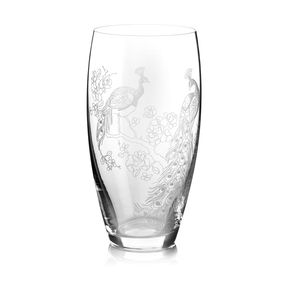 Clear glass vase with intricate peacock and floral engraving on a white background