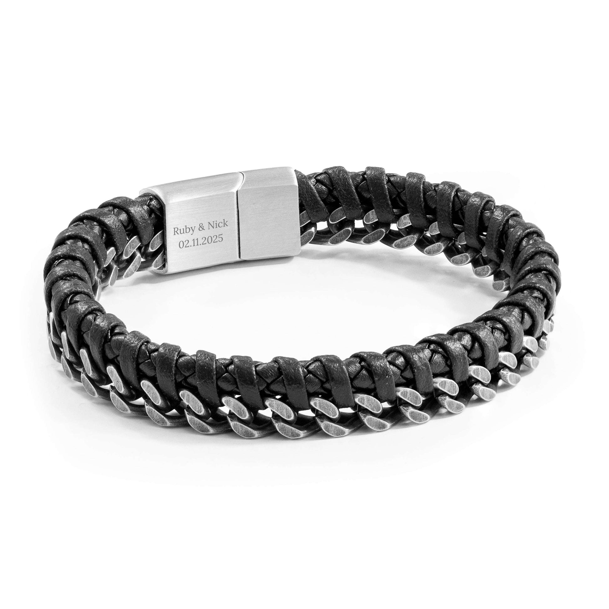 Black braided bracelet with a silver clasp on a white background