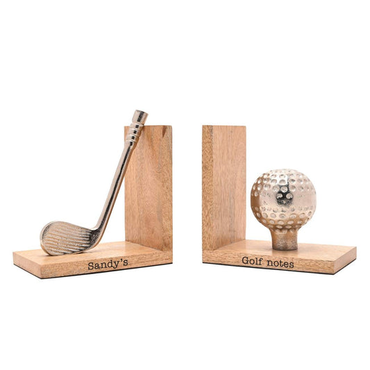 Wooden bookends shaped like a golf club and ball on a white background