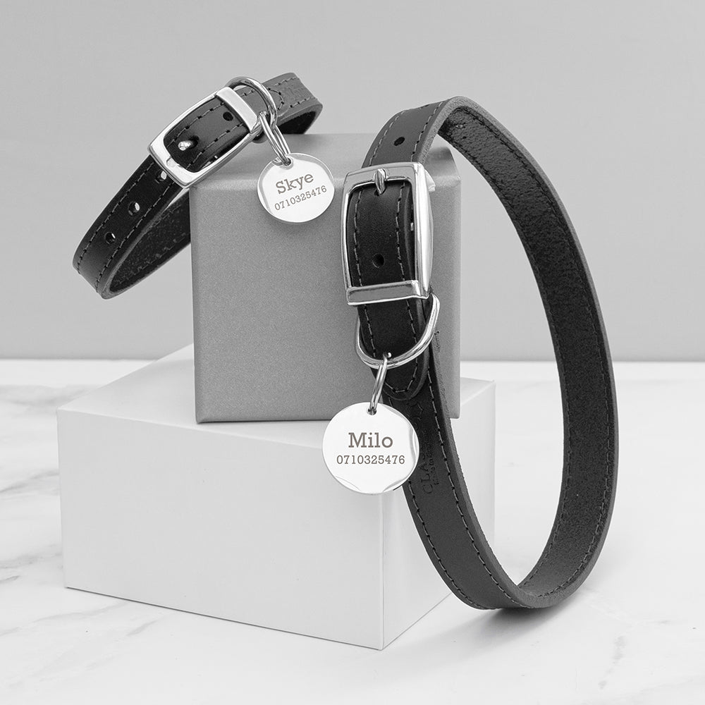 Two black leather dog collars with engraved tags on a gray background
