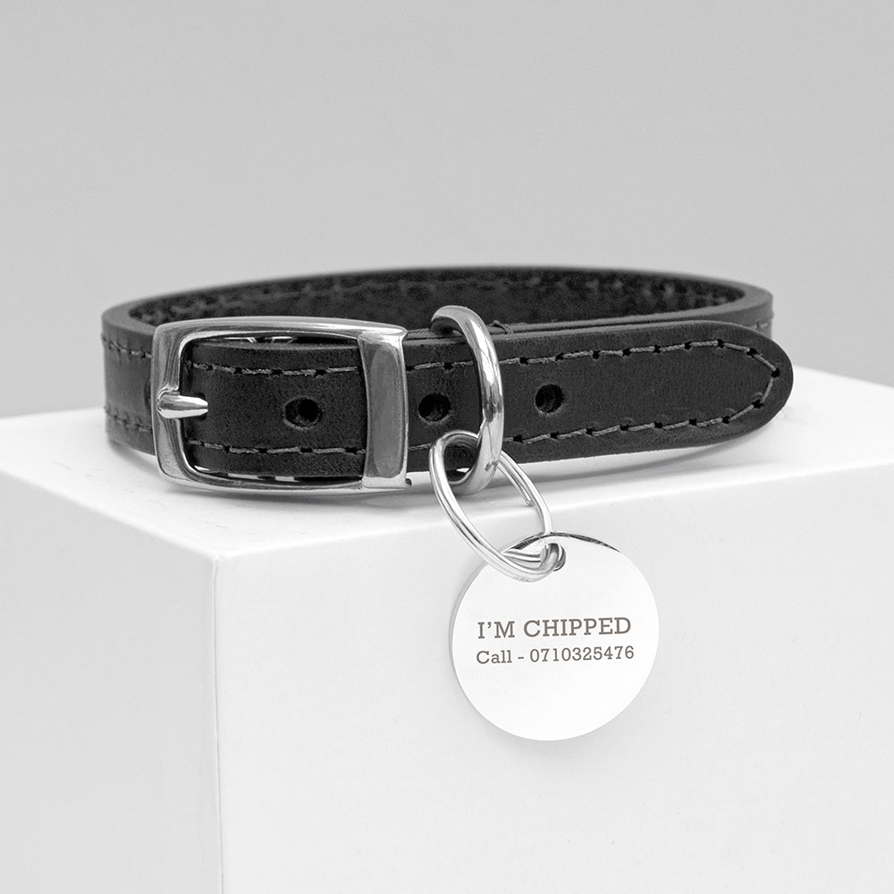 Black Leather Dog Collar with Custom Engraved Tag