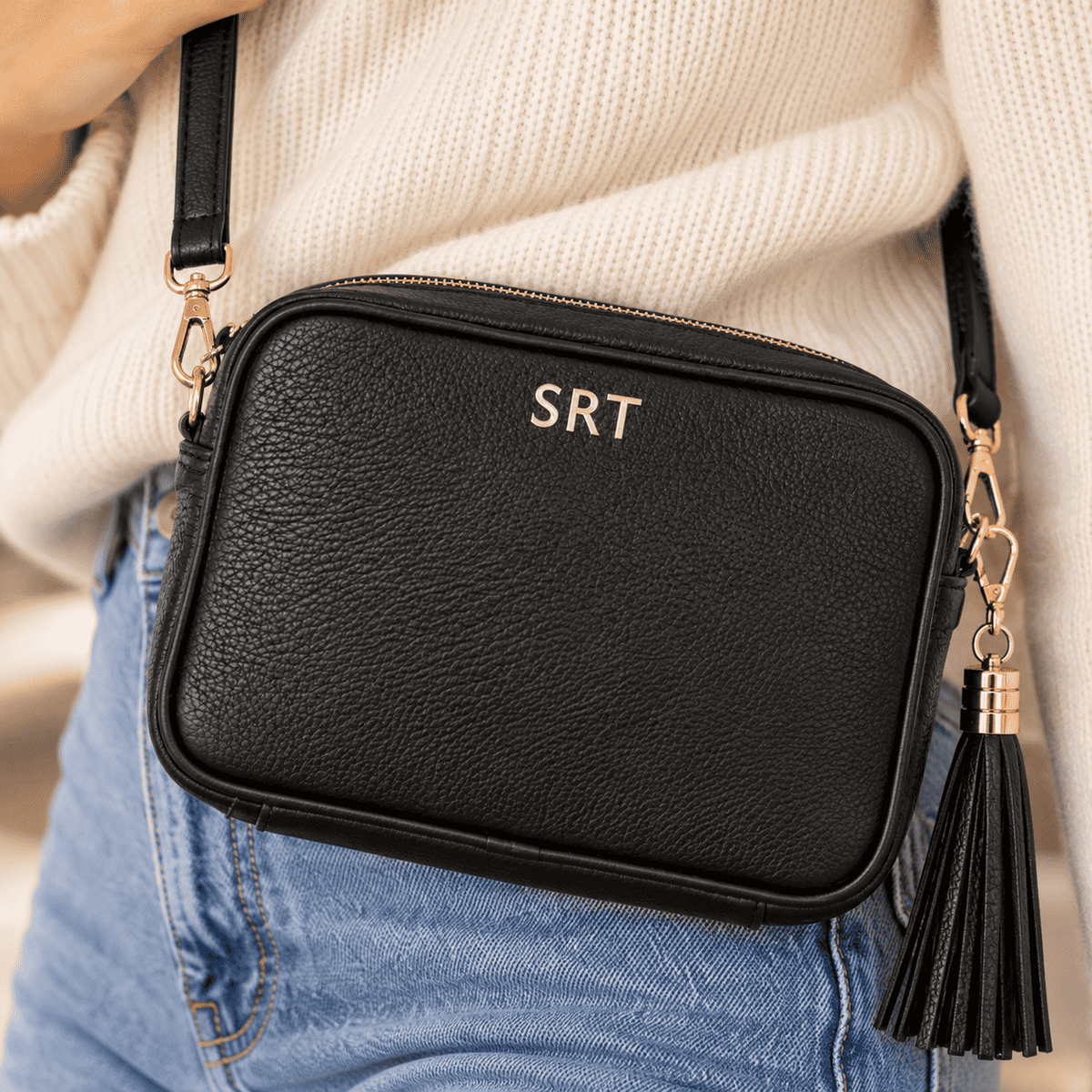 Personalized black leather crossbody purse