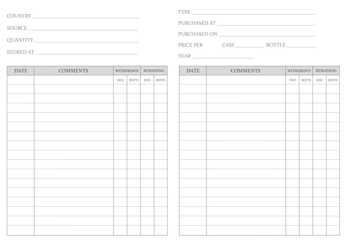 Blank inventory or stock control form with columns for date, comments, quantity, etc.