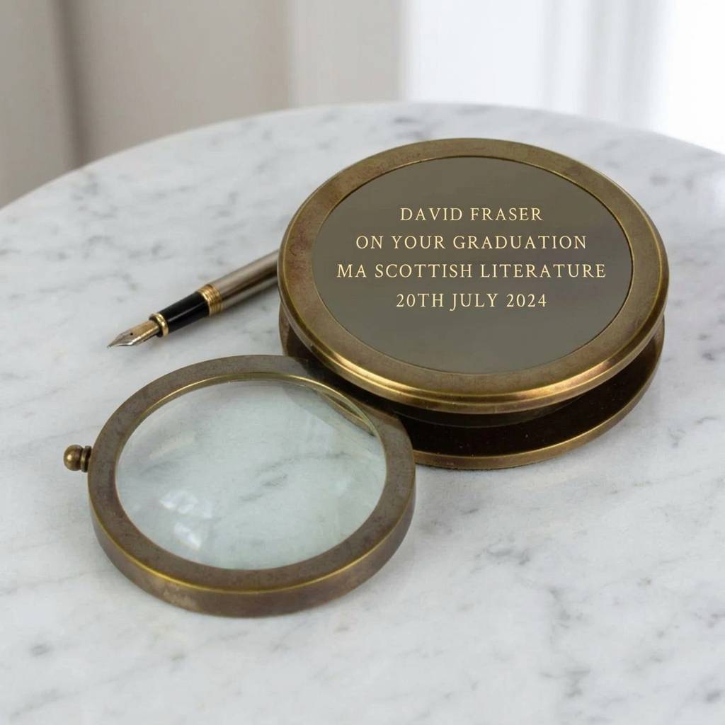 Personalized polished brass desk magnifying glass with custom engraved message
