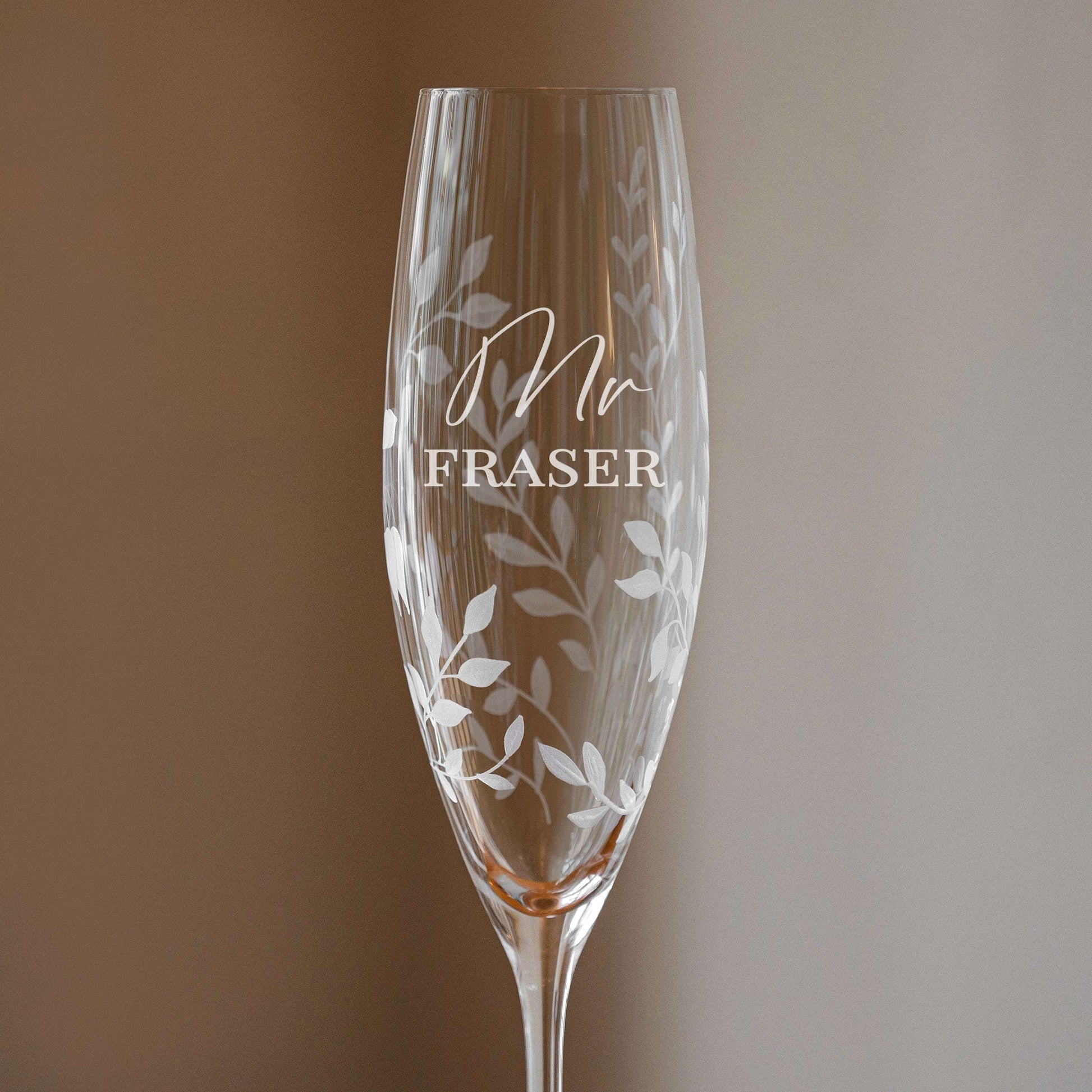 Floral-crystal-Champagne flute with custom floral-engraving 
