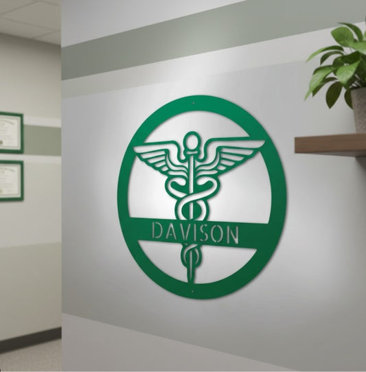 green-Personalized Medical Caduceus Monogram Metal Wall Art