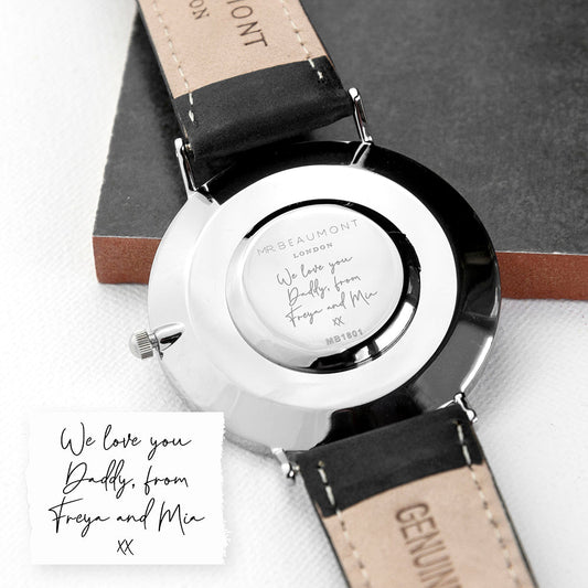 Mr. Beaumont Men's Handwriting Engraved Watch in Black Leather