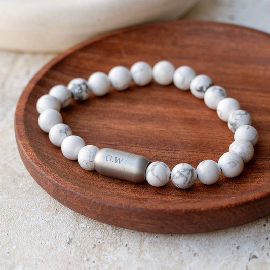 Men’s Personalized Howlite Gemstone Bracelet | Engraved Gift for Him