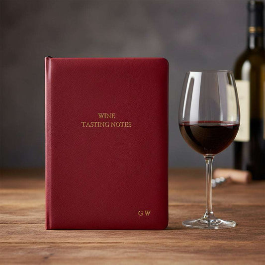 Red notebook with 'Wine Tasting Notes' and initials on a white background
