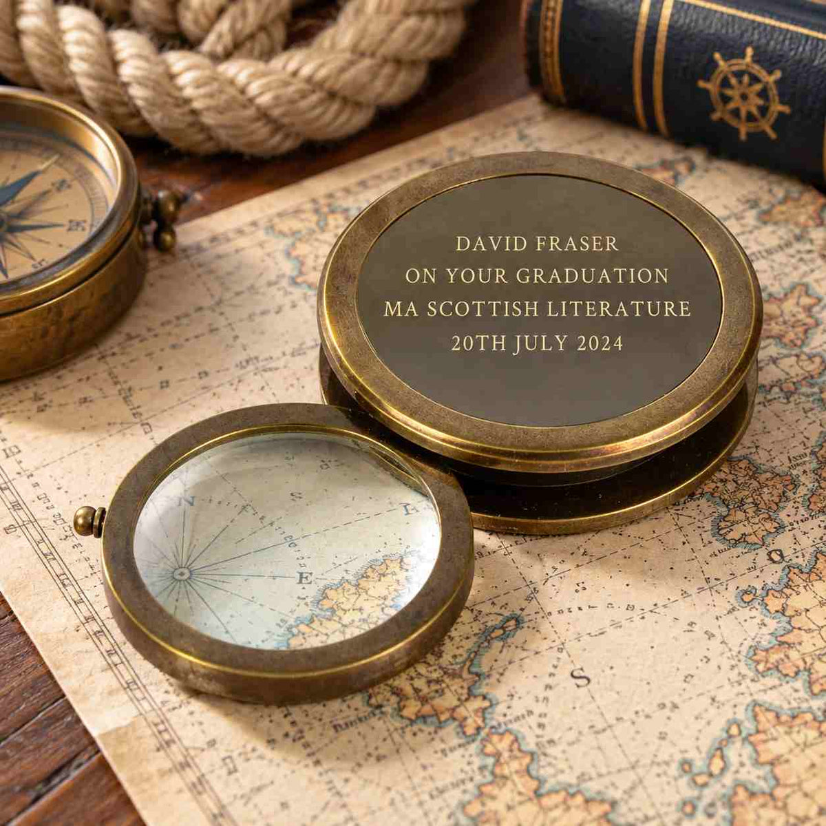 Personalized polished brass desk magnifying glass with custom engraved message
