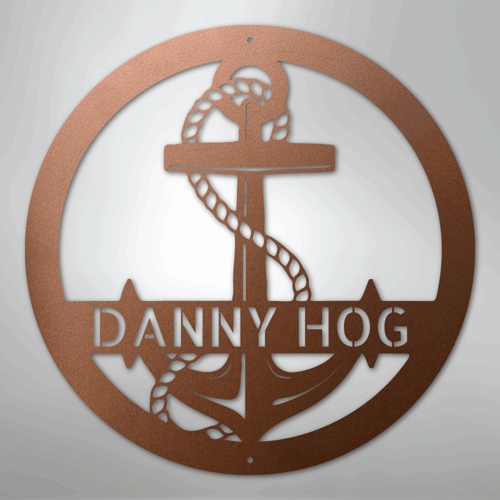 Decorative metal sign with anchor design and name text 