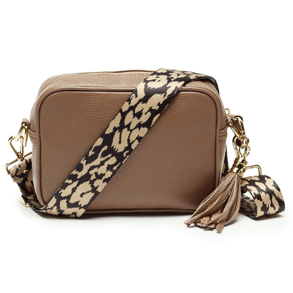 Personalized Cross Body Leather Mini Bag - MushroomTaupe-LeaopardStrap
