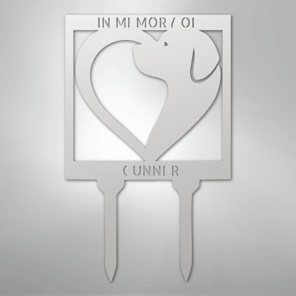 Dog-Memorial marker with 'In Memory Of' text and a heart design on a metallic background