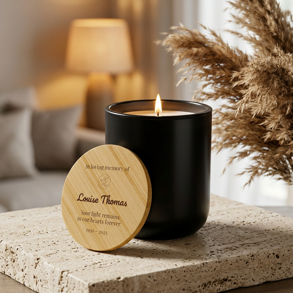 Black candle with a wooden memory plaque -custom-memorial-candle