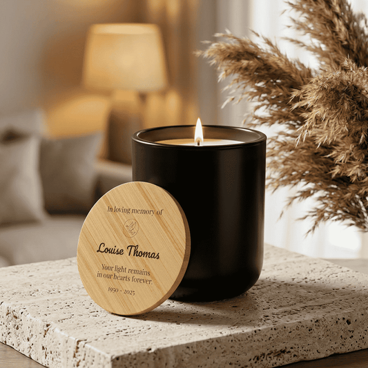 Black candle with a wooden memory plaque -custom-memorial-candle