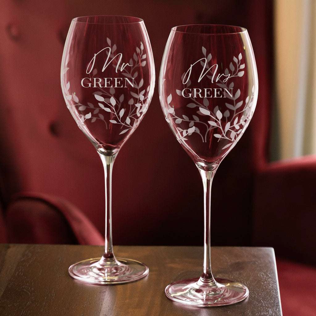 Personalized Floral Crystal Wine Glass Set for Couples - Set of Two