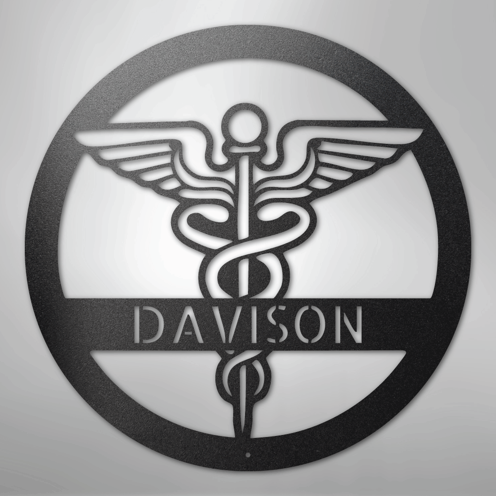 Personalized Medical Caduceus Monogram Metal Wall Art-Black